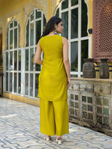 Mustard Sleevessless Kurta Sharara With Organza Sequinned Dupatta - Elganza