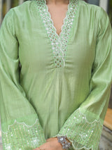 Mint Green Embroidered Pakistani Kurta Set With Embroidered Dupatta - Elganza