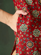 Red Gold Print Button Down Kurta - Elganza