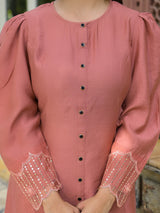 Brick Red A-Line Kurta Set With Dupatta - Elganza