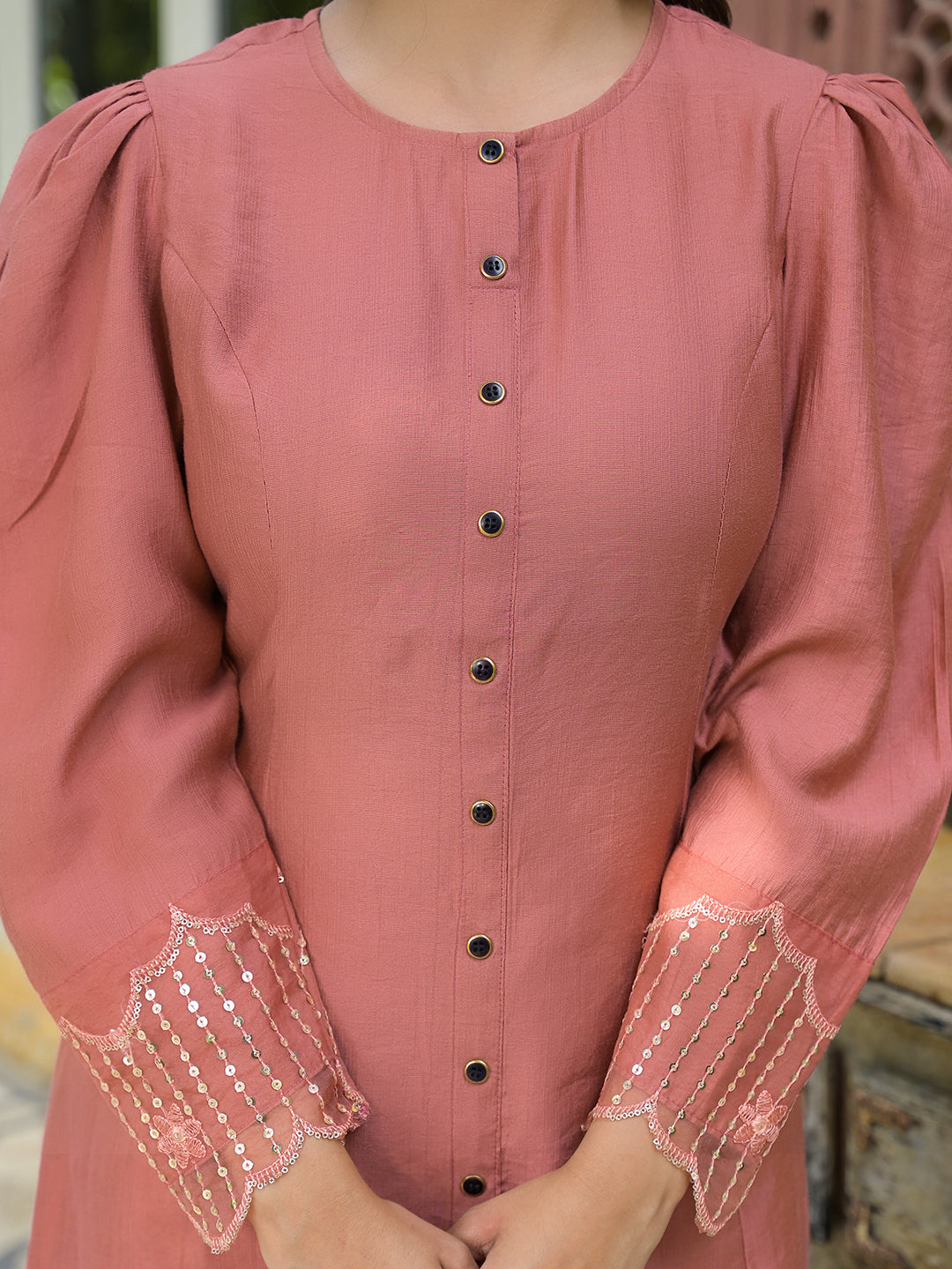 Brick Red A-Line Kurta Set With Dupatta - Elganza