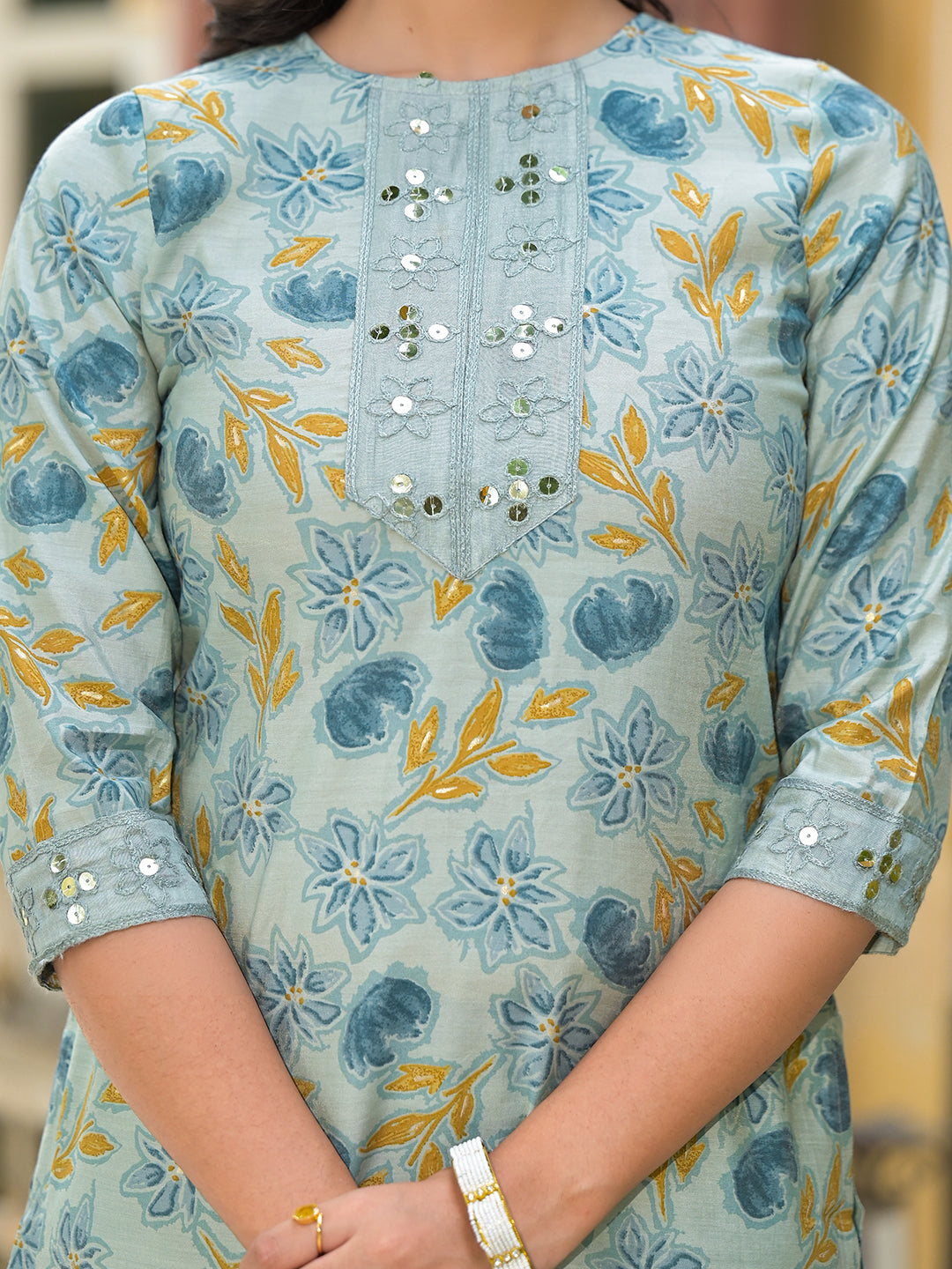 Dusty Blue Floral Kurta Set With Dupatta - Elganza