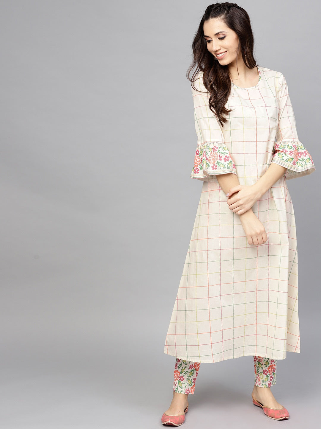 White Checked A-Line Kurta With Ruffle Sleeve - Elganza