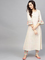 White Checked A-Line Kurta With Ruffle Sleeve - Elganza