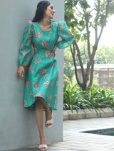 Green Floral Print Cut-Out Skater Dress - Elganza