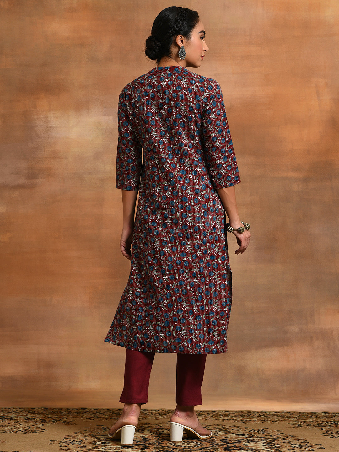 Maroon Kantha Work Kurta With Pant - Elganza