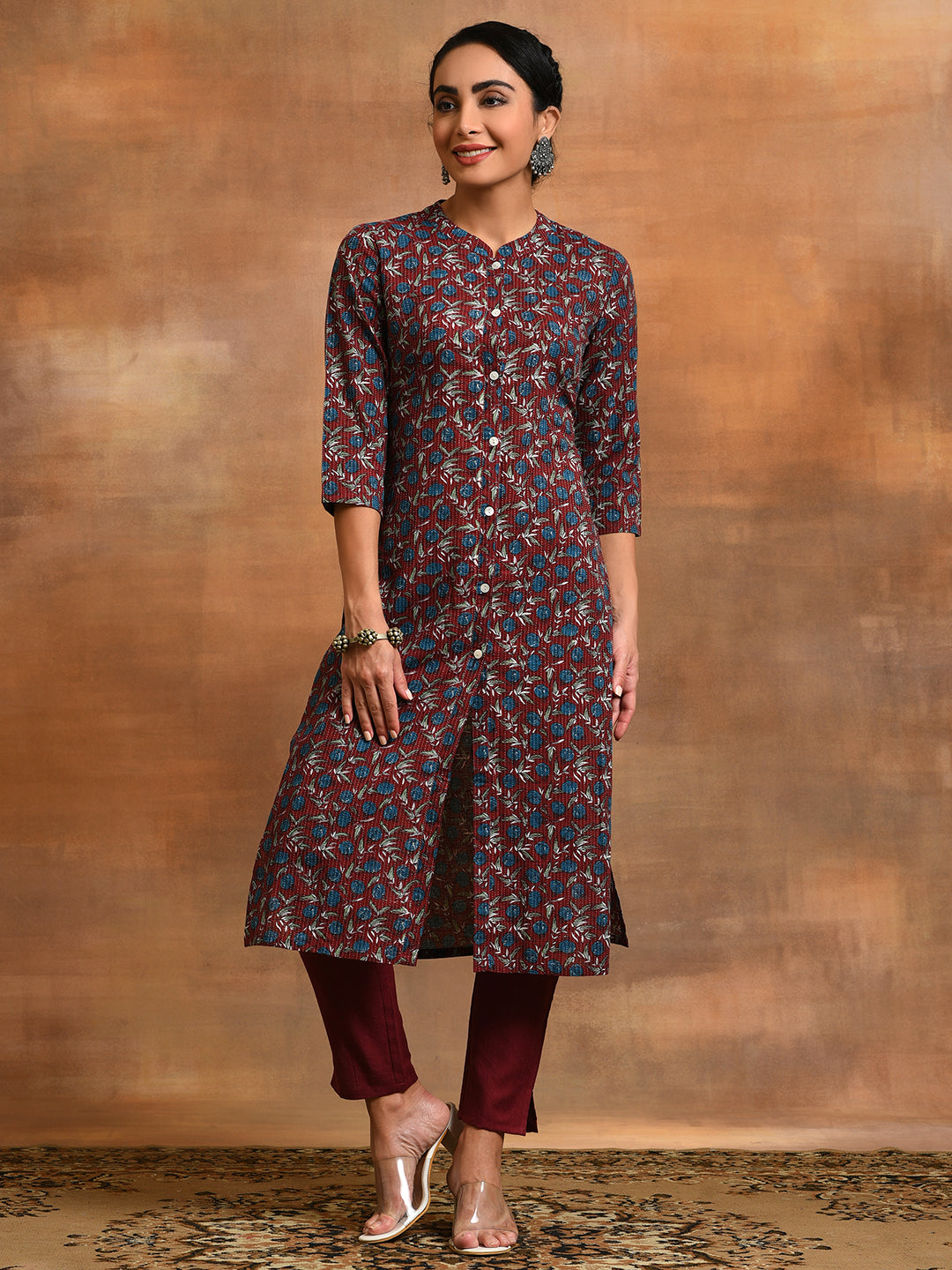Maroon Kantha Work Kurta With Pant - Elganza