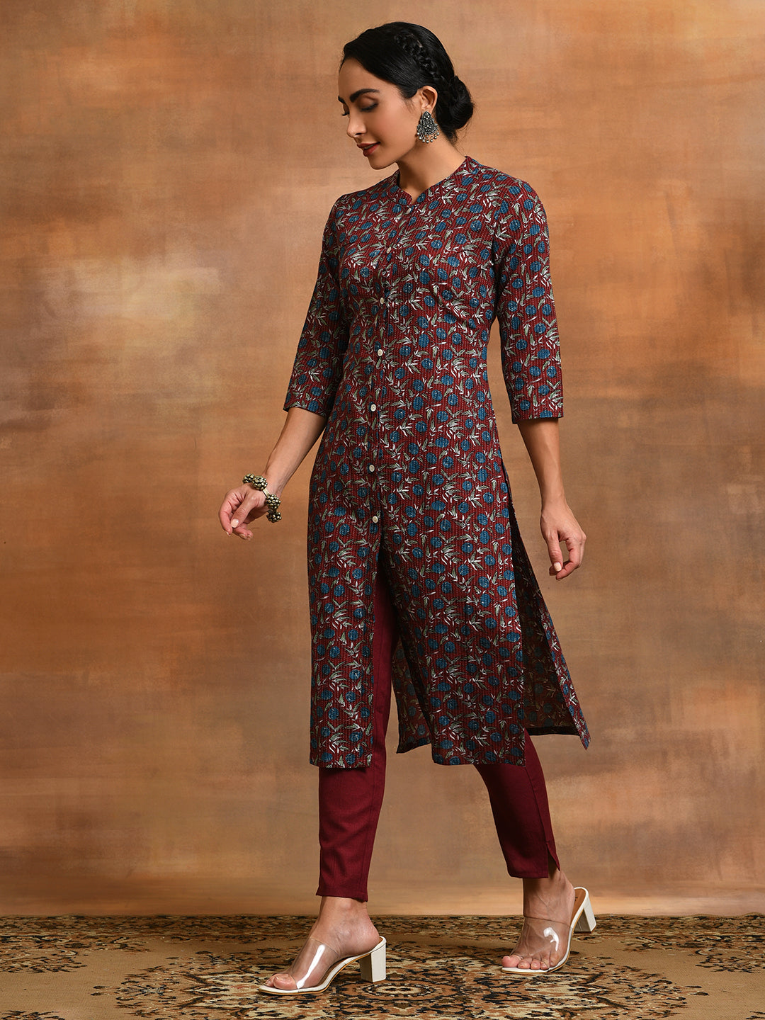 Maroon Kantha Work Kurta With Pant - Elganza