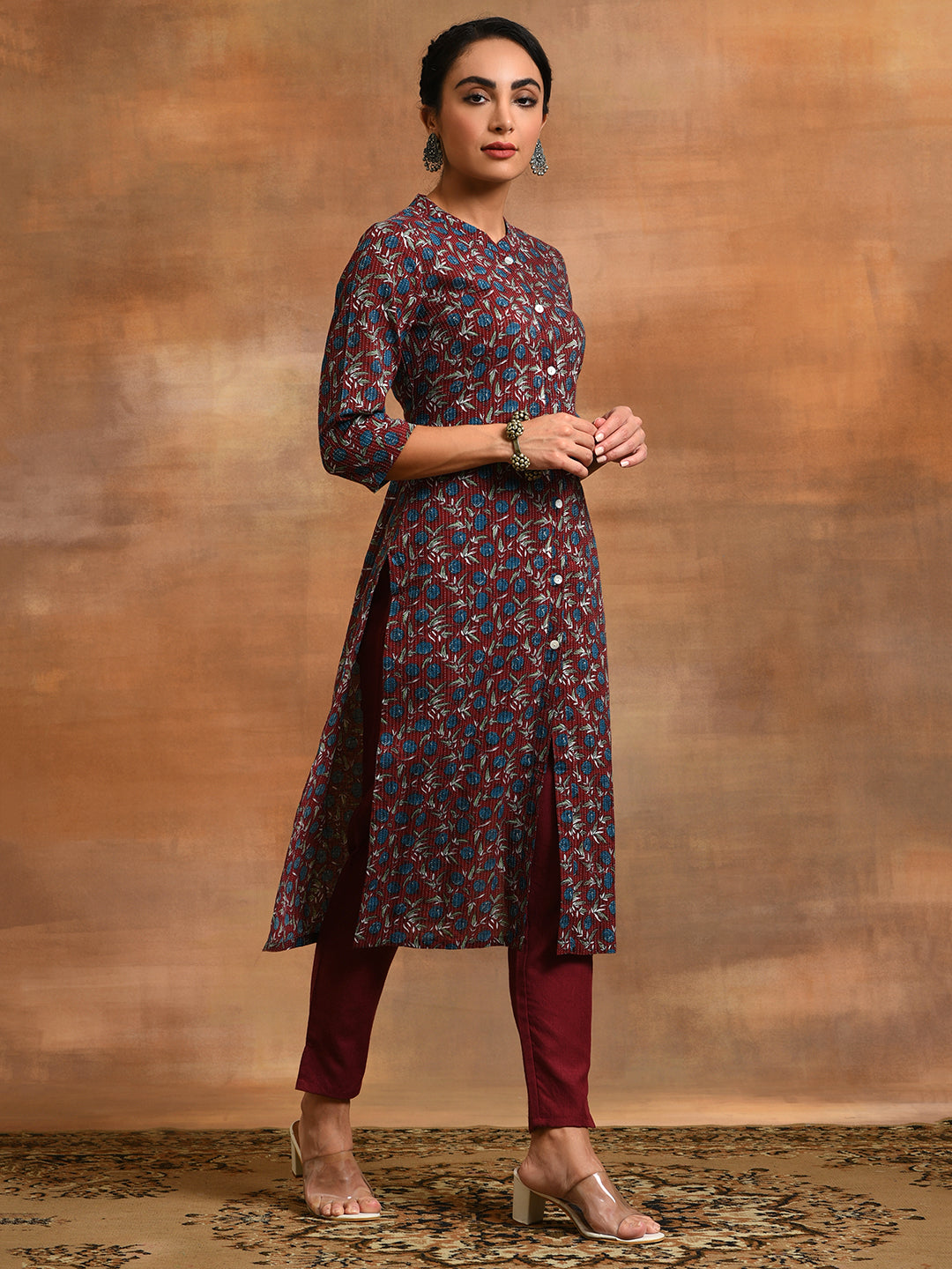 Maroon Kantha Work Kurta With Pant - Elganza