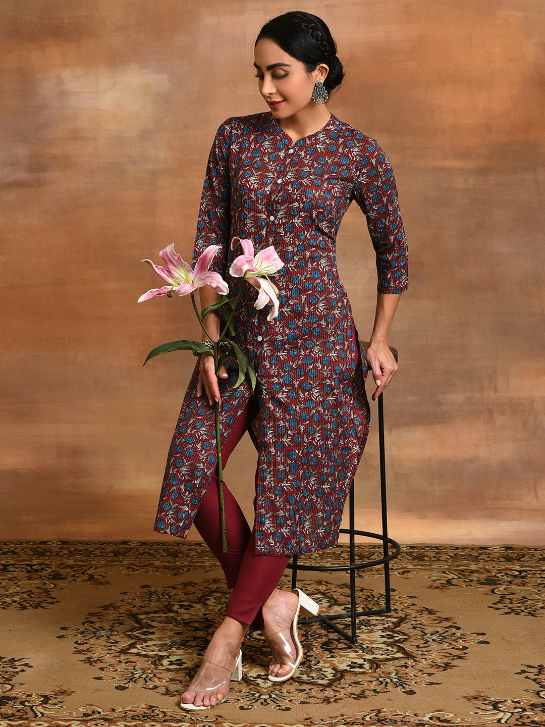 Maroon Kantha Work Kurta With Pant - Elganza