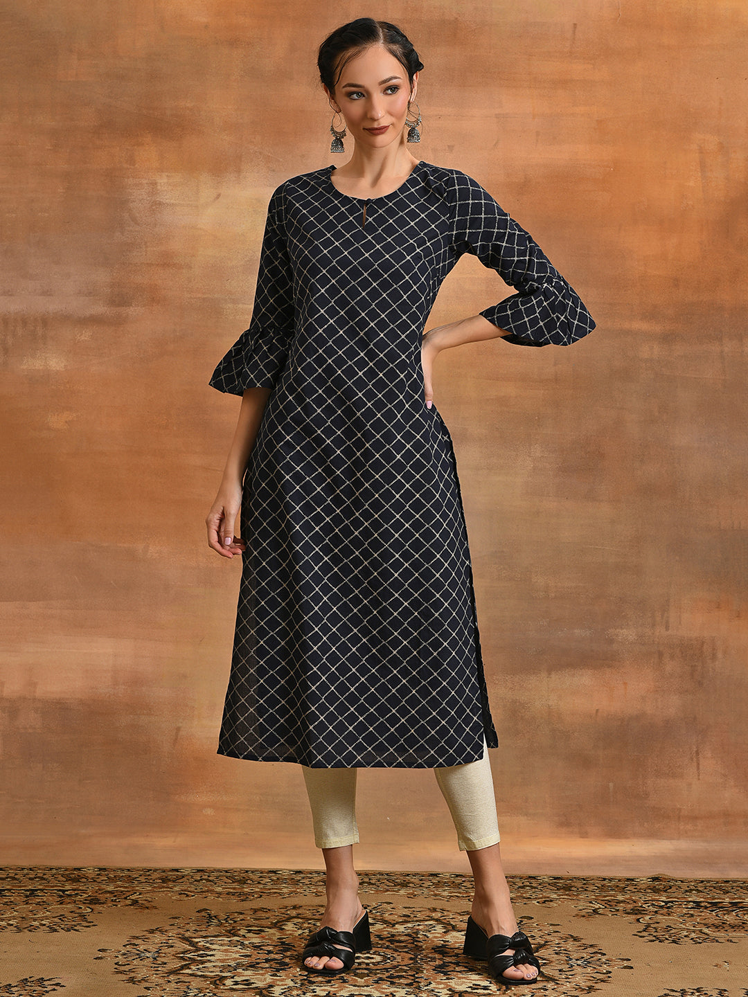 Navy Blue Checked Kurta - Elganza
