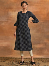 Navy Blue Checked Kurta - Elganza