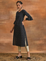 Navy Blue Checked Kurta - Elganza