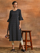 Navy Blue Checked Kurta - Elganza