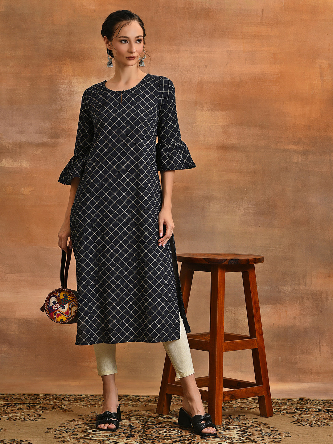Navy Blue Checked Kurta - Elganza