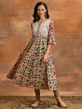 Cream Floral Print Anarkali - Elganza