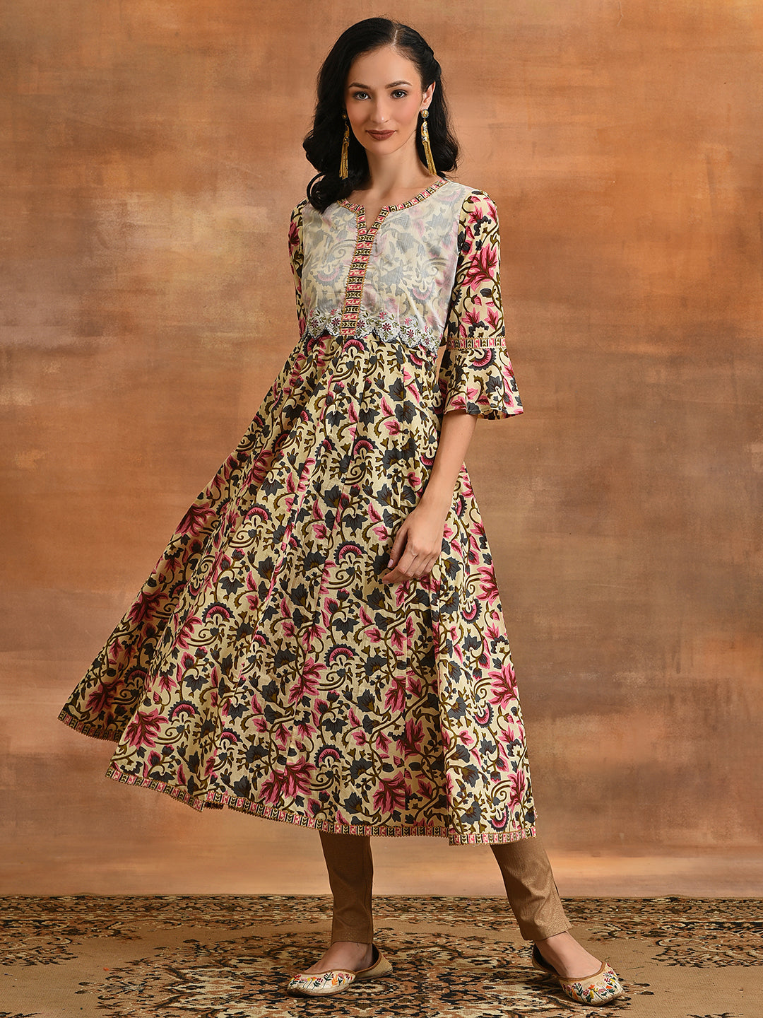 Cream Floral Print Anarkali - Elganza