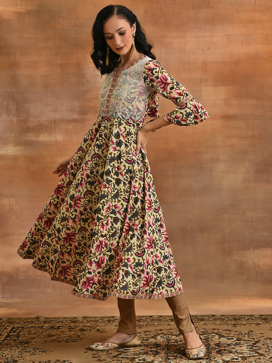 Cream Floral Print Anarkali - Elganza