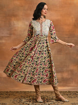 Cream Floral Print Anarkali - Elganza