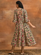 Cream Floral Print Anarkali - Elganza