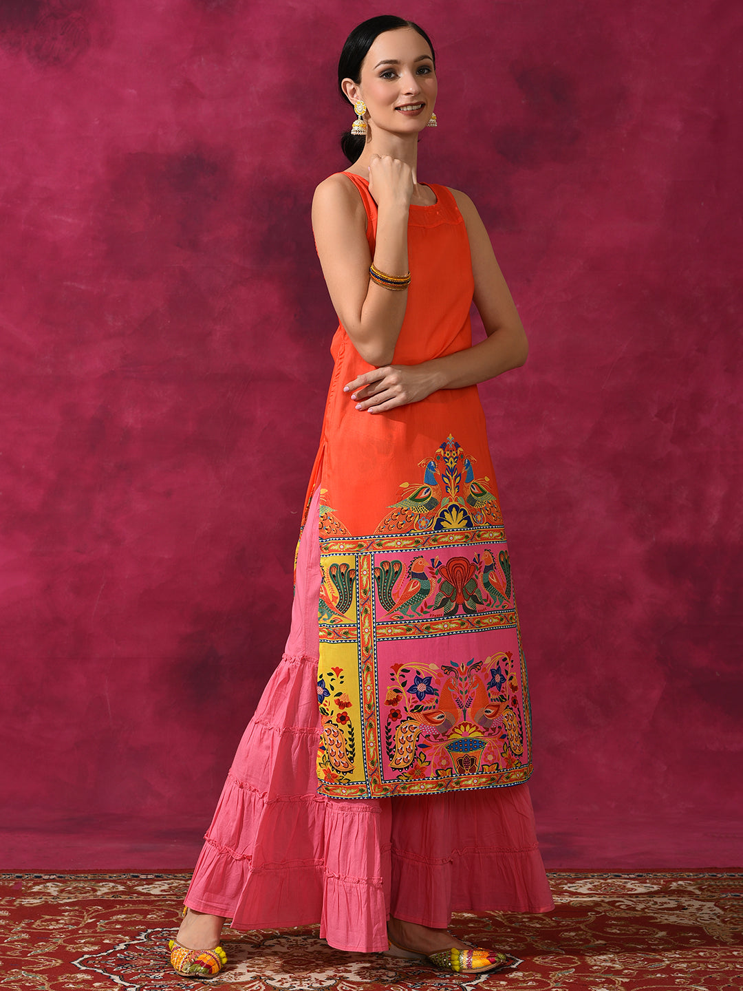 Orange & Yellow Abstract Print Kurta - Elganza