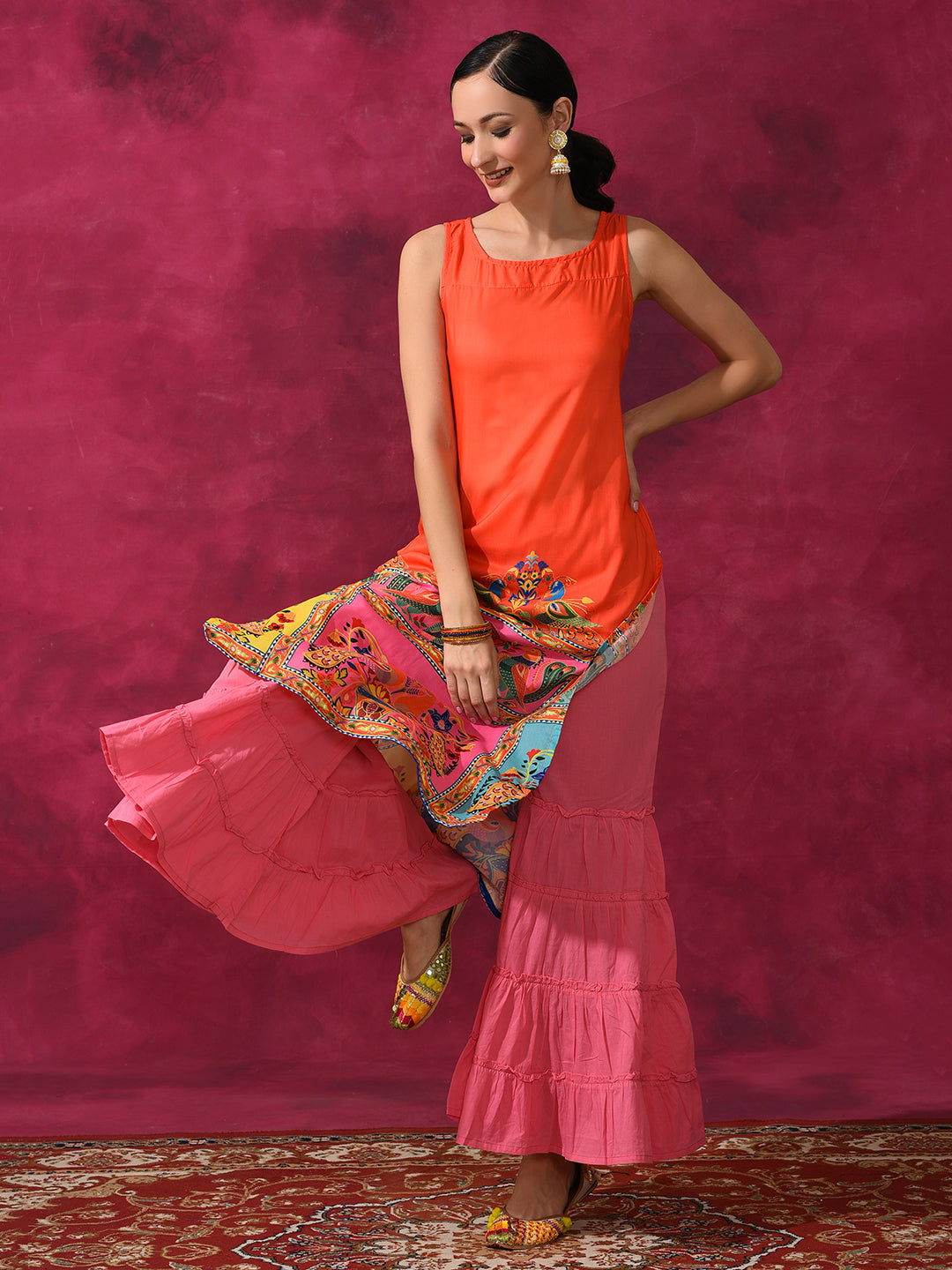 Orange & Yellow Abstract Print Kurta - Elganza