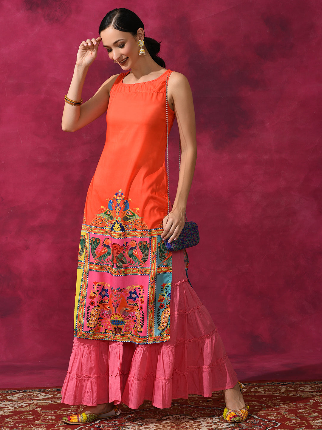 Orange & Yellow Abstract Print Kurta - Elganza
