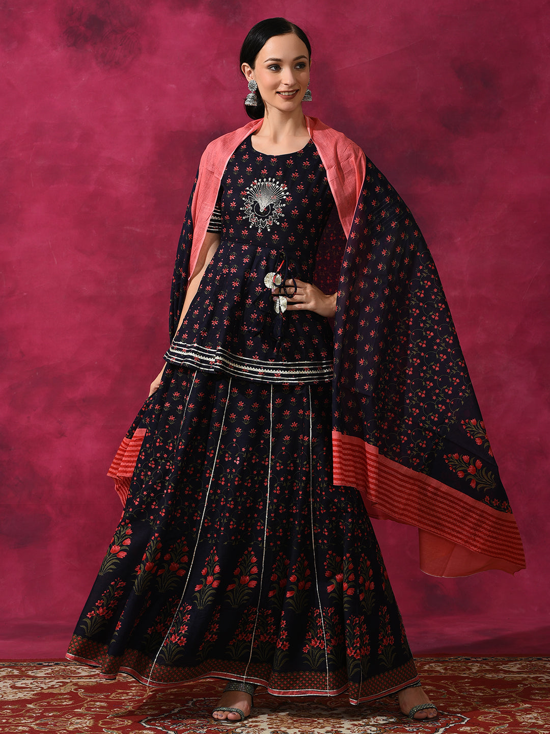 Blue Floral Print Lehenga Choli With Dupatta - Elganza