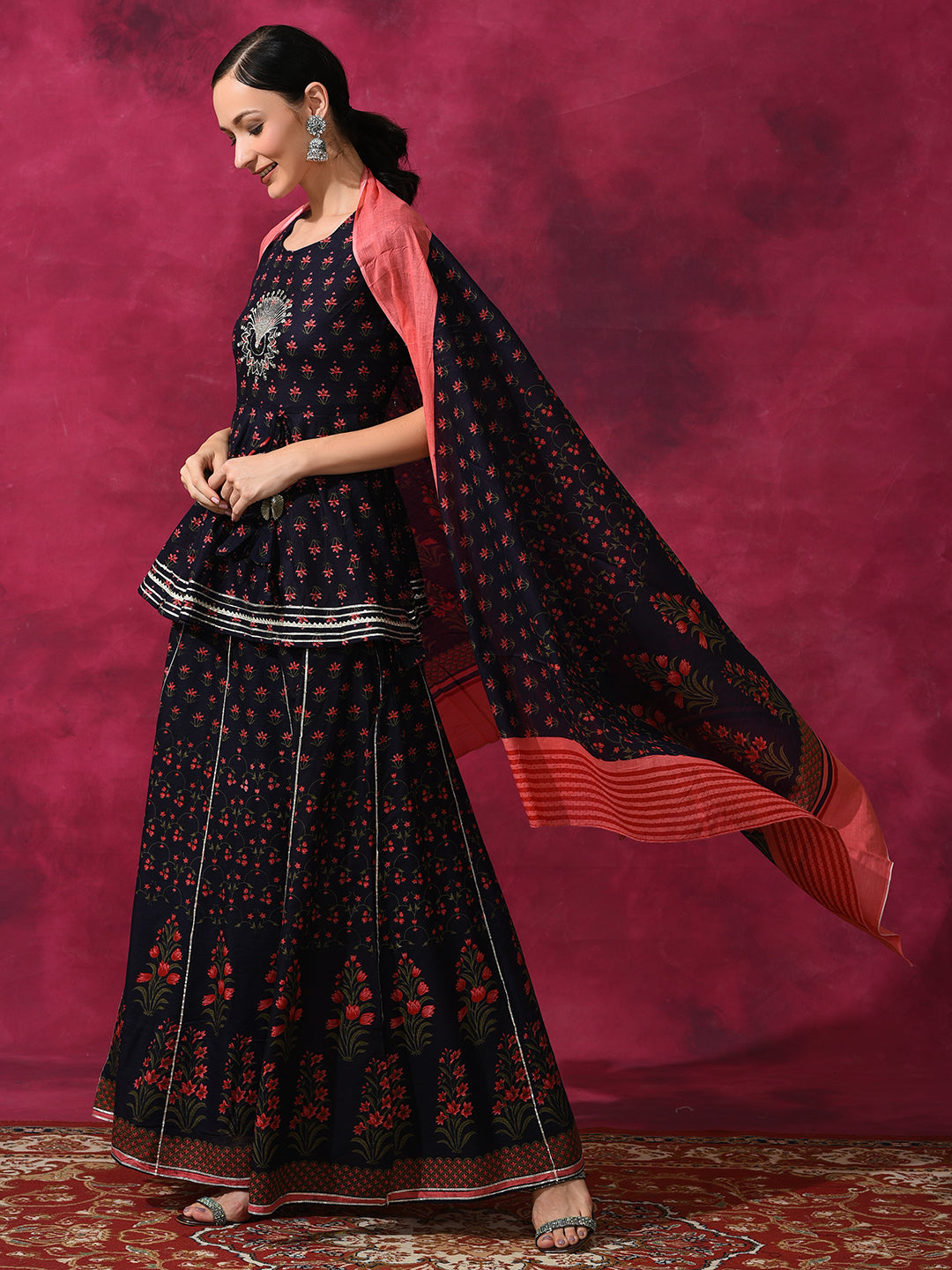 Blue Floral Print Lehenga Choli With Dupatta - Elganza