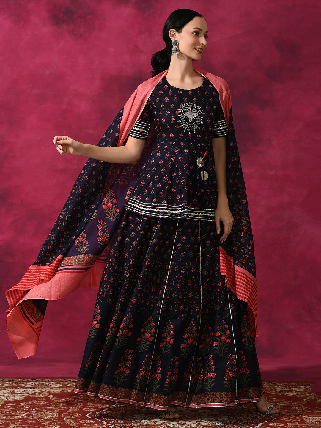 Blue Floral Print Lehenga Choli With Dupatta - Elganza