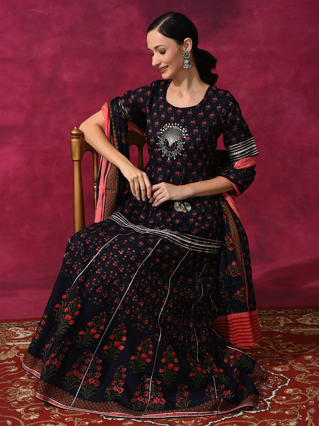 Blue Floral Print Lehenga Choli With Dupatta - Elganza