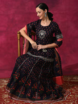 Blue Floral Print Lehenga Choli With Dupatta - Elganza