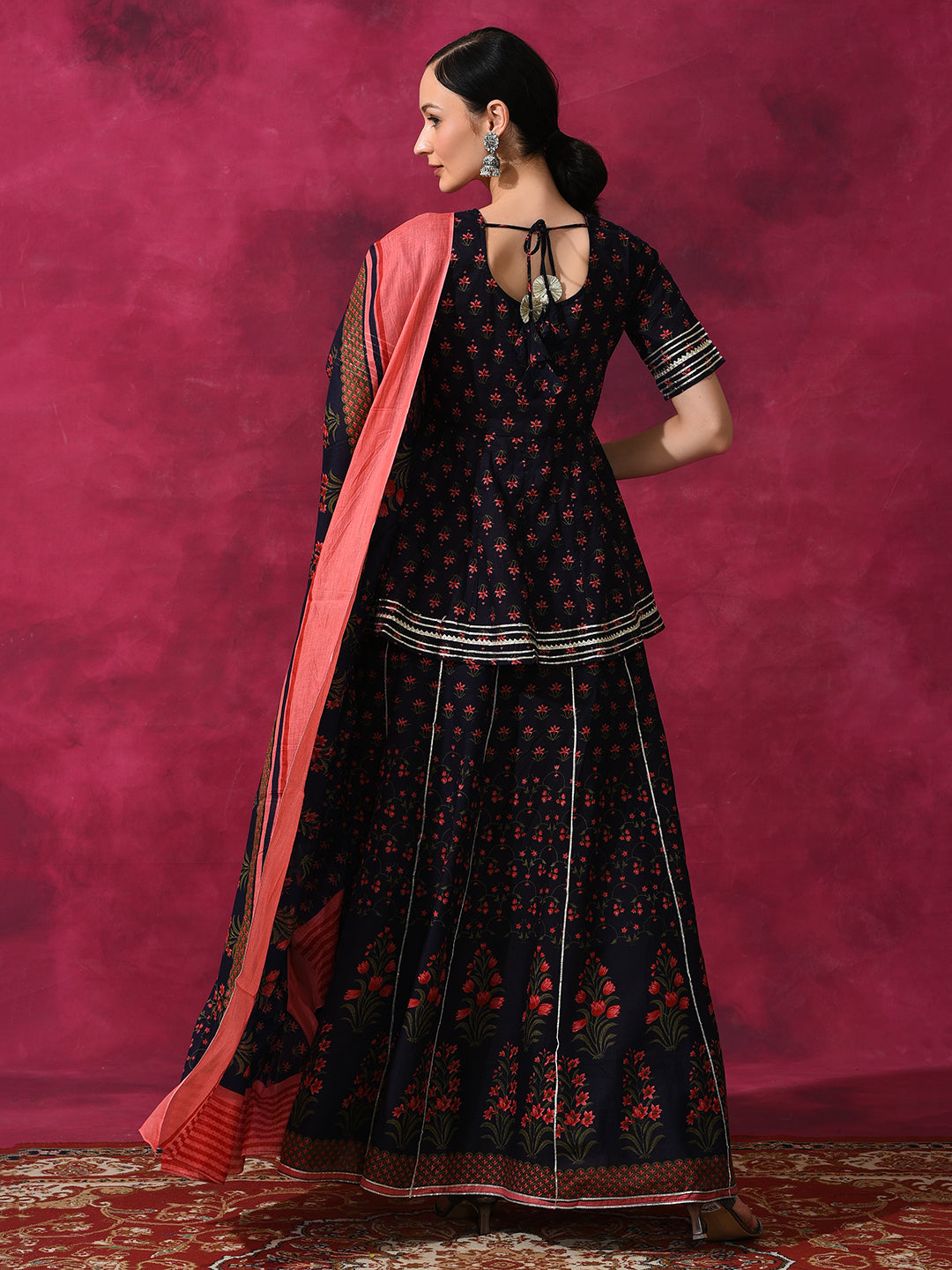 Blue Floral Print Lehenga Choli With Dupatta - Elganza