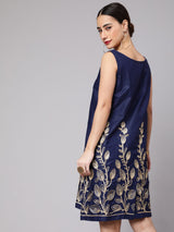 Navy Blue Embroidered Shift Dress - Elganza