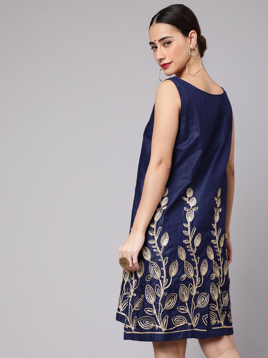 Navy Blue Embroidered Shift Dress - Elganza