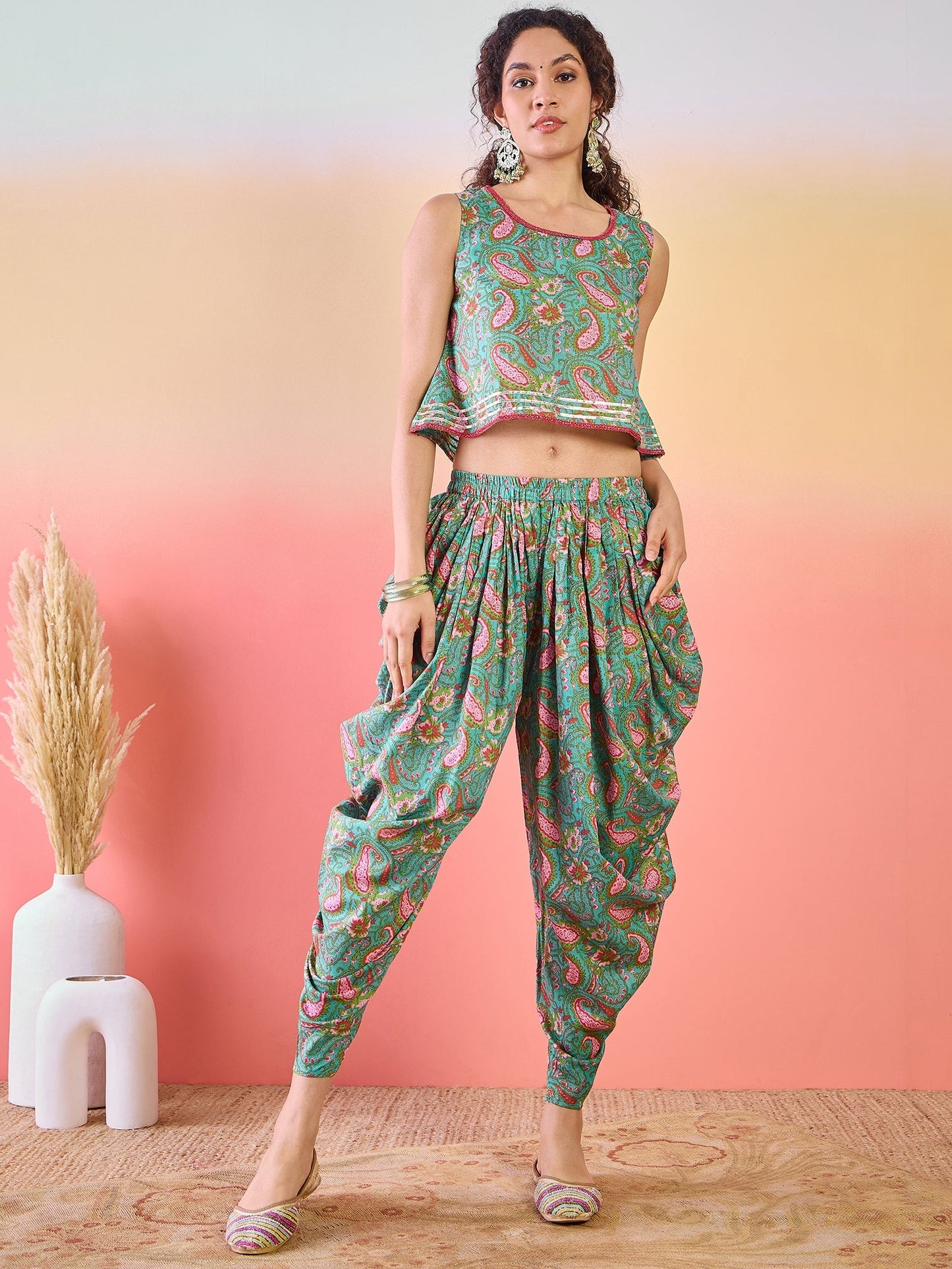 Light Blue Floral Print Dhoti Co-Ord Set With Jacket - Elganza