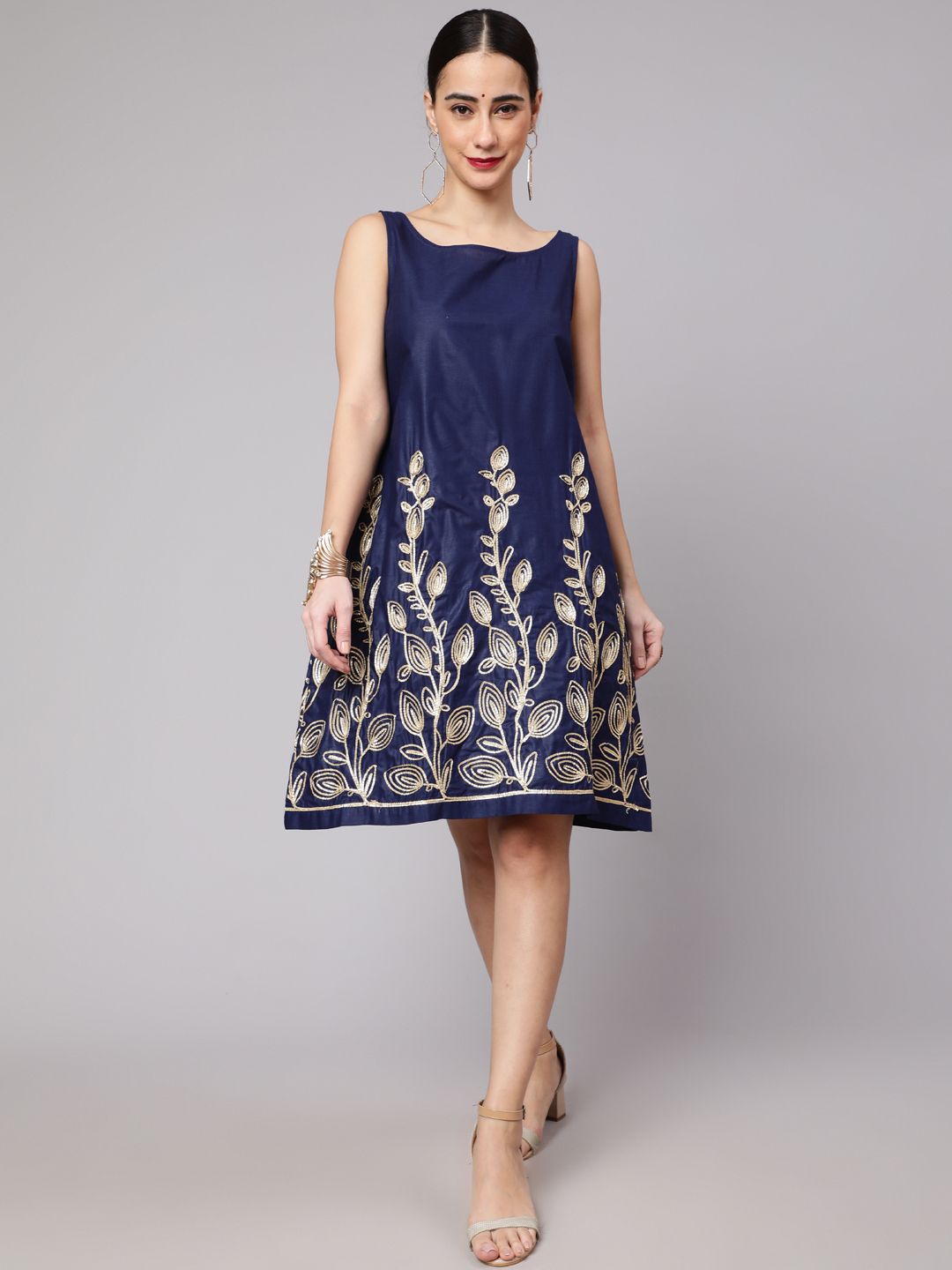 Navy Blue Embroidered Shift Dress - Elganza