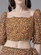 Yellow Leopard Print Frilled Saree With Blouse - Elganza
