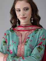 Turquoise Blue Floral Print Kurta Palazzo With Dupatta - Elganza