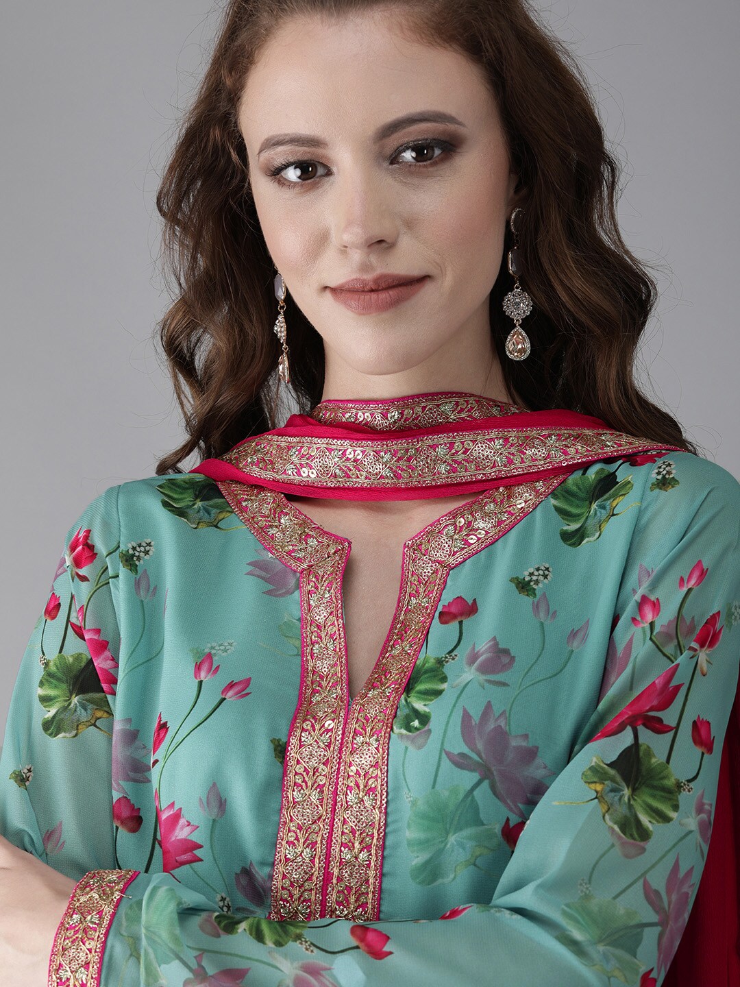 Turquoise Blue Floral Print Kurta Palazzo With Dupatta - Elganza