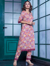 Pink Floral printed Kurta Set with Dupatta - Elganza