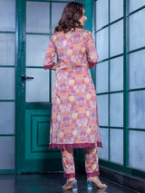 Pink Floral printed Kurta Set with Dupatta - Elganza