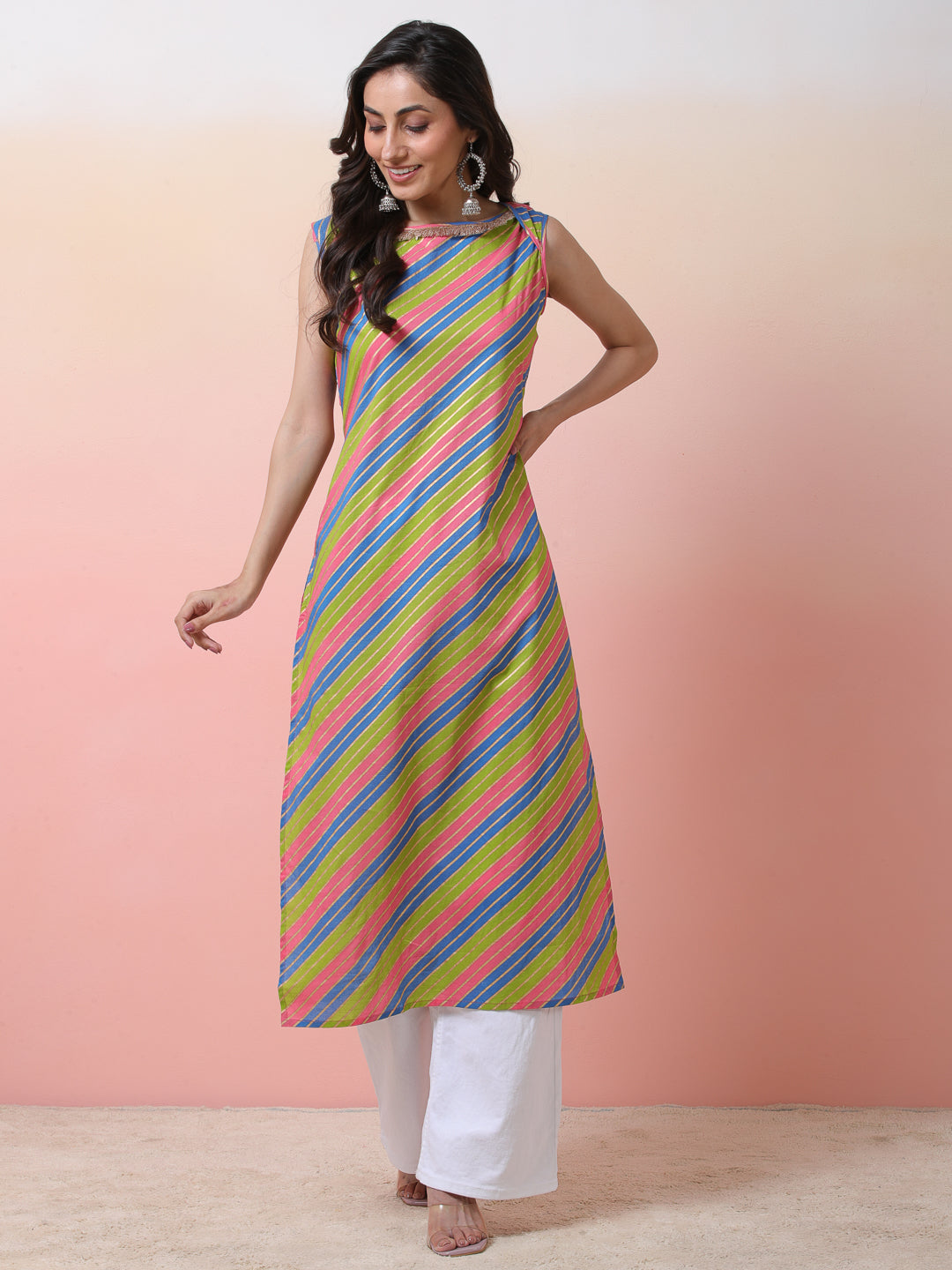 Pink & Green Leheriya Print Kurta - Elganza