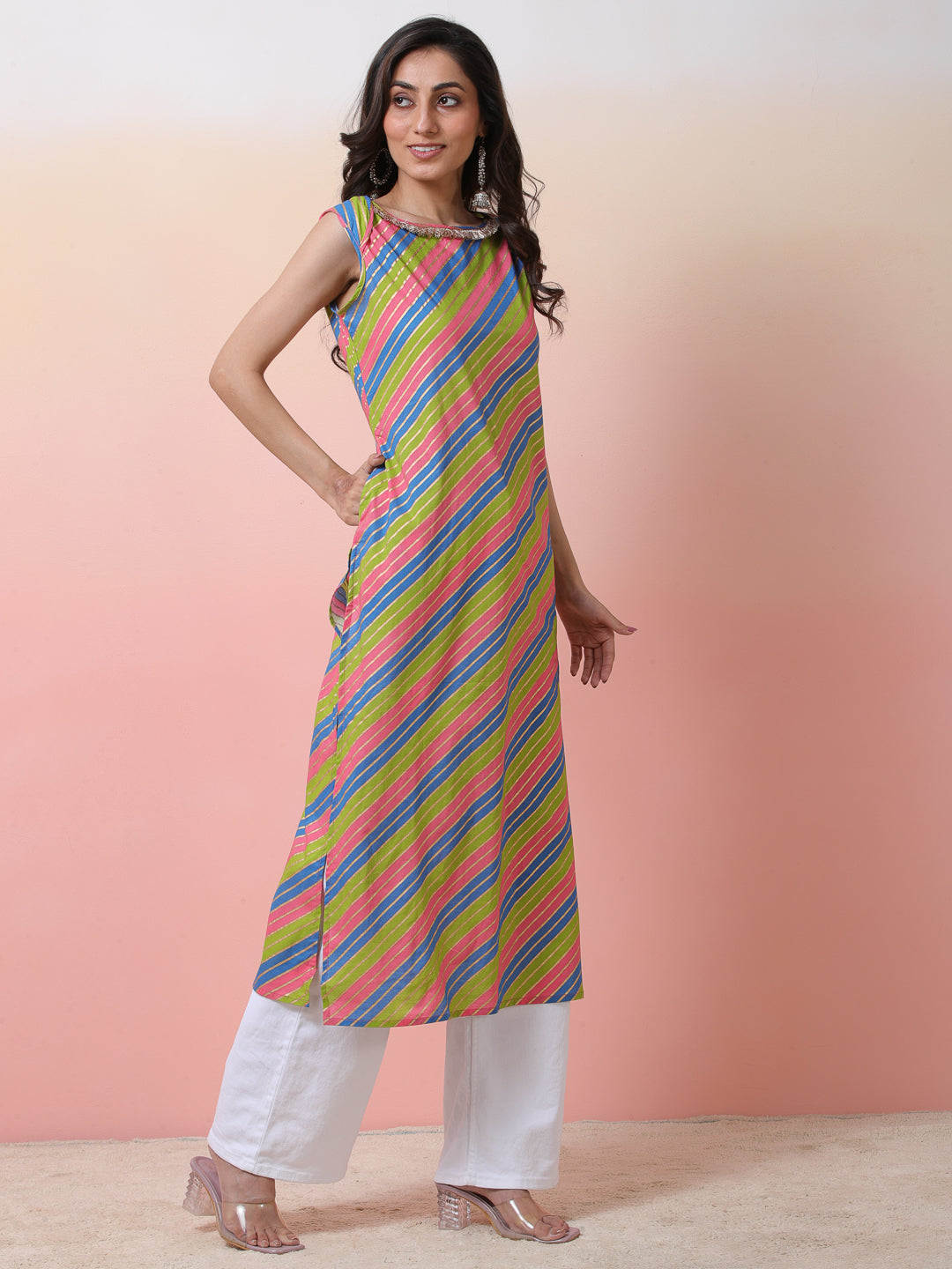 Pink & Green Leheriya Print Kurta - Elganza