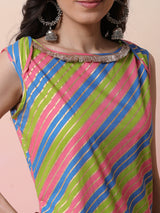 Pink & Green Leheriya Print Kurta - Elganza