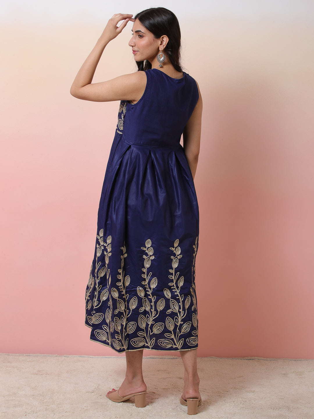 Navy Blue Embroidered Flared Shift Dress - Elganza