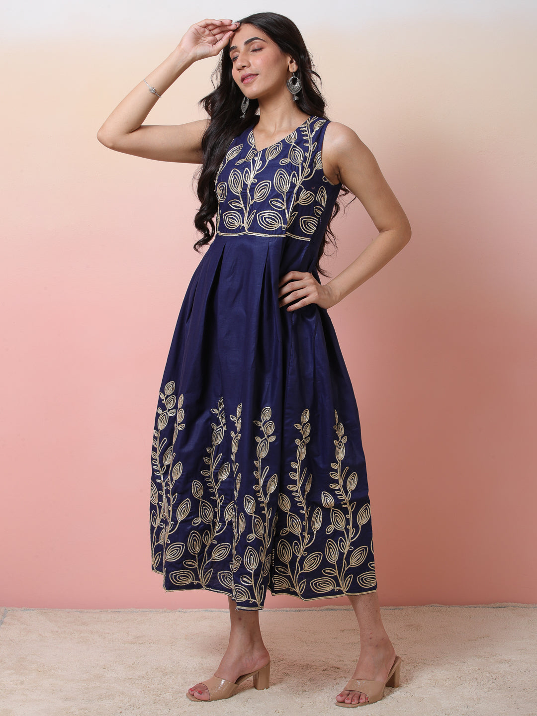 Navy Blue Embroidered Flared Shift Dress - Elganza