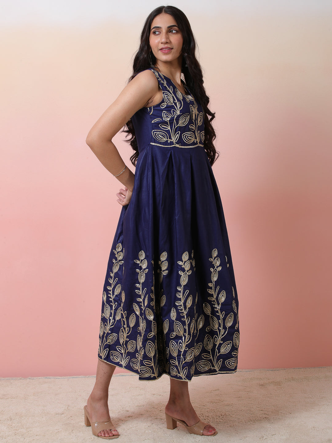 Navy Blue Embroidered Flared Shift Dress - Elganza