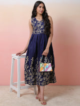 Navy Blue Embroidered Flared Shift Dress - Elganza