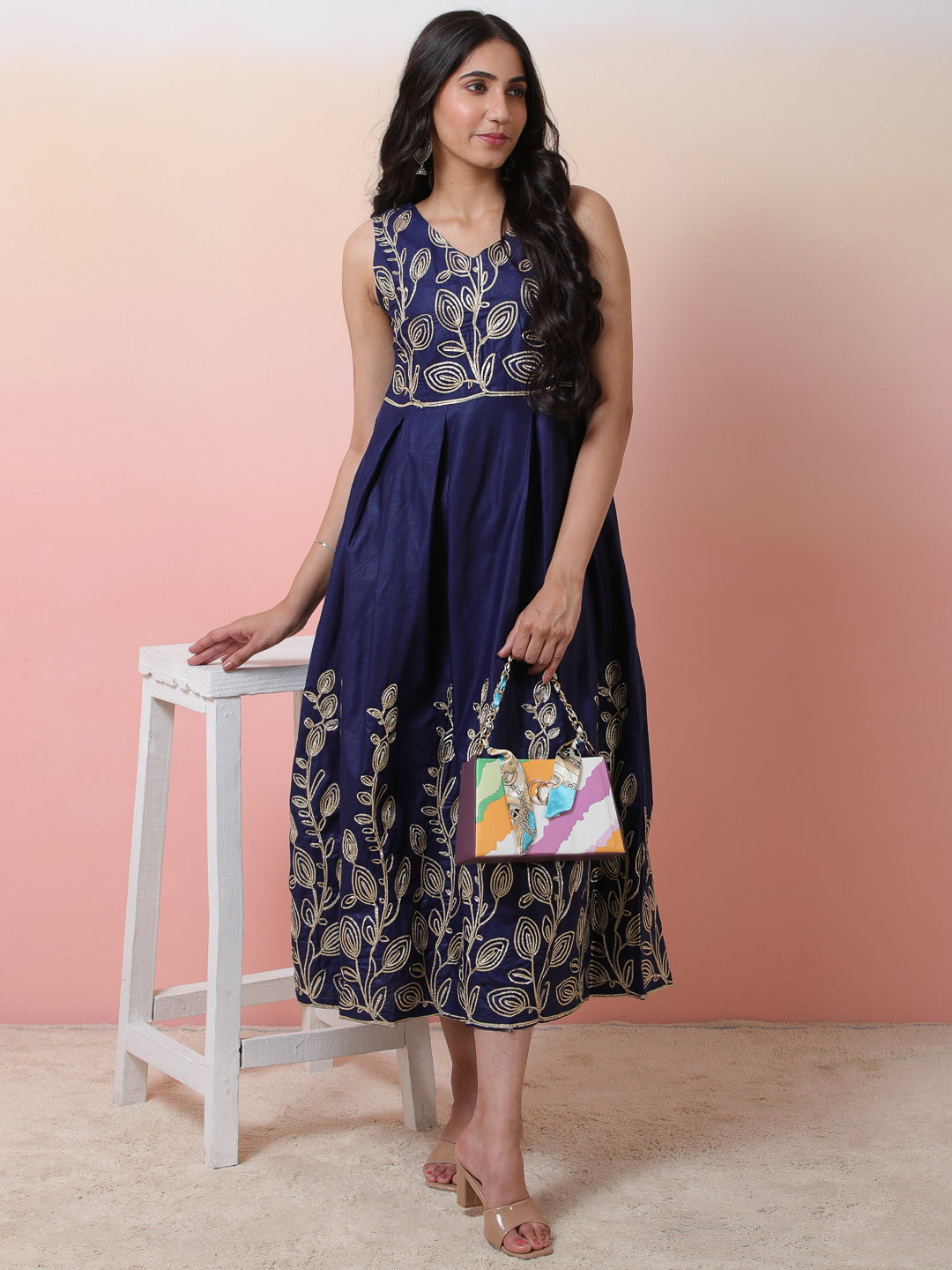 Navy Blue Embroidered Flared Shift Dress - Elganza